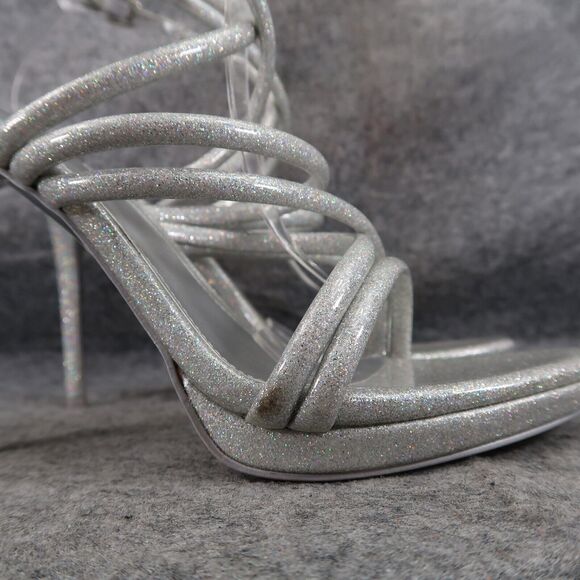 Nine West Shoes Womens 8 Heeled Sandal Ankle Strap Pumps Platform Silver Glitter - Picture 3 of 15